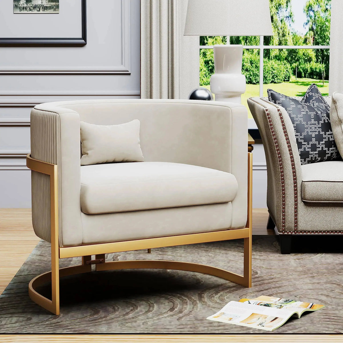 Velvet Upholstered Accent Chair with Gold Frame, Modern Barrel Armchair for Bedroom, Living Room, or Vanity Corner