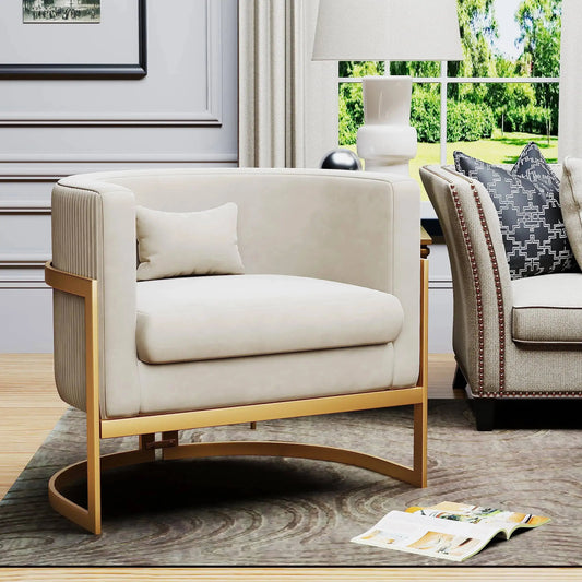Velvet Upholstered Accent Chair with Gold Frame, Modern Barrel Armchair for Bedroom, Living Room, or Vanity Corner