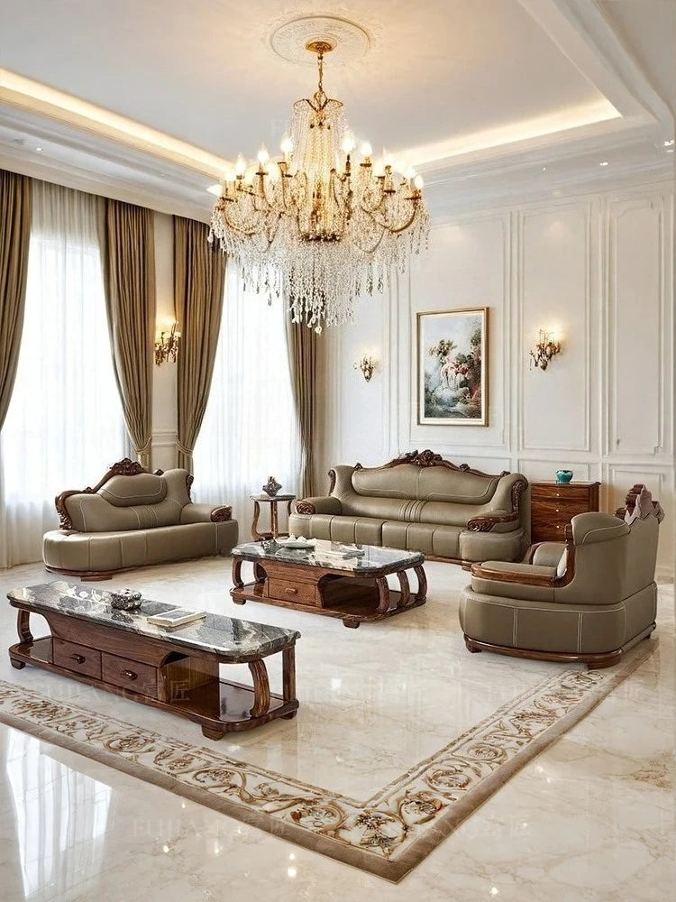 Villa European leather sofa first layer cowhide large apartment solid wood   combination high-end luxury furniture