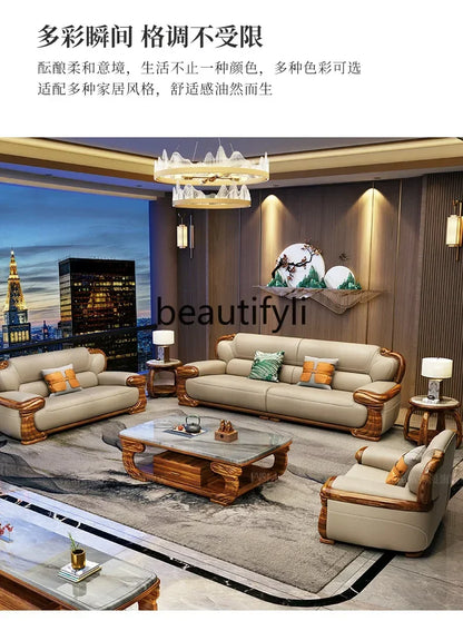 B178 A Imported ebony wood carving flower sofa villa new Chinese modern simple first layer leather sofa
