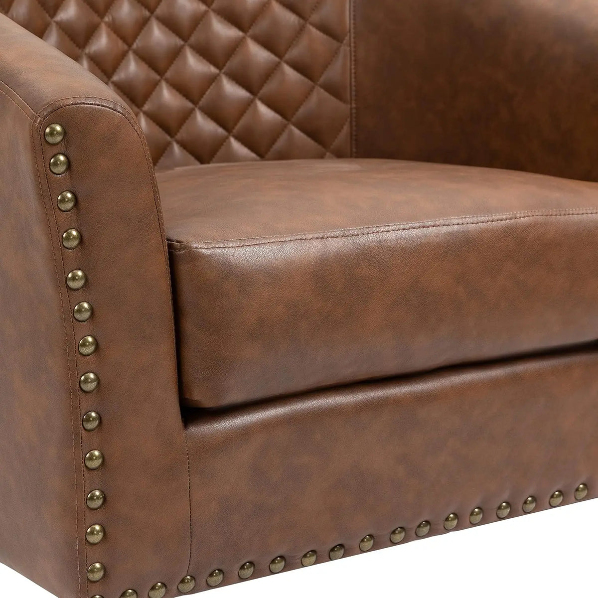 Faux Leather Barrel Accent Chairs Set of 2, Round Club Chair Modern Upholstered Armchair for Living Room, Comfy Nailed Trim Arm