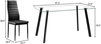 Dining Room Table Set,5-Piece Kitchen Dining Set with Glass Table Top 4 PU  Metal Frame Chairs A