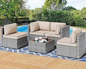 5 Pieces Outdoor Patio Sectional Sofa Couch, Silver Gray PE Wicker Furniture Conversation Sets with Washable Cushions & Glass C