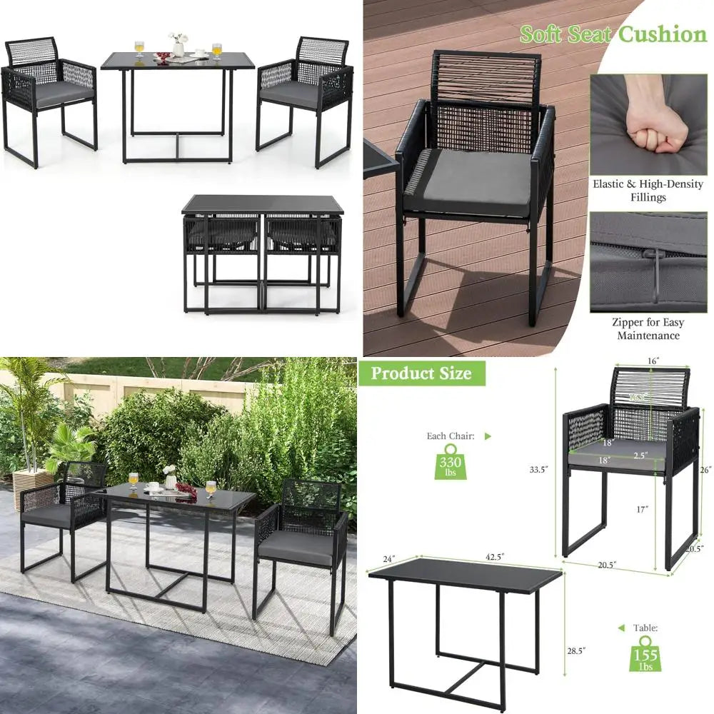 Outdoor 3-Piece Dining Set: Patio Rattan Furniture with Cushioned Seats and Tempered Glass Top
