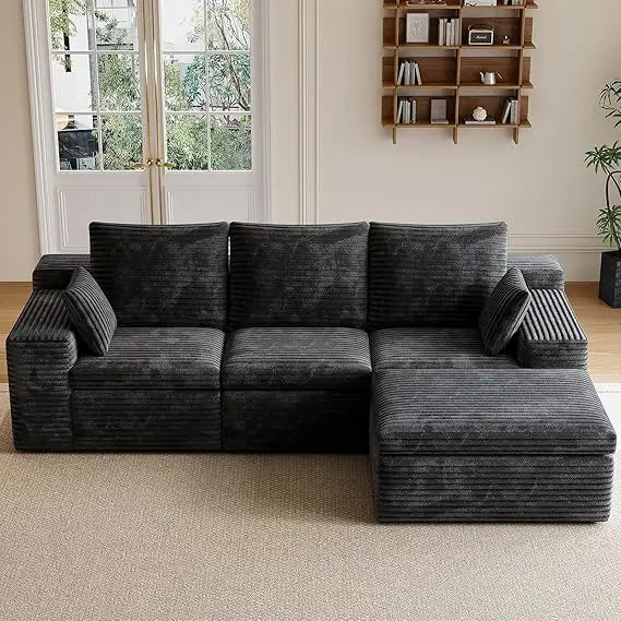 Modern 3-Seat L-Shape Sectional Sofa with Ottoman and 2 Pillows, Memory Foam Cloud Couch for Living Room