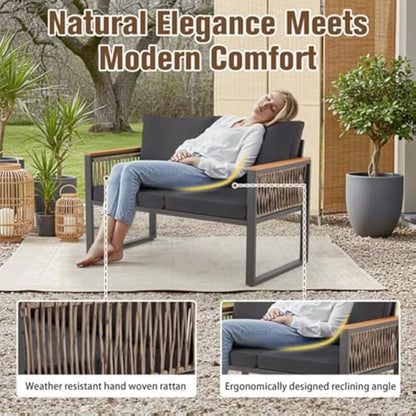 4 Pieces Outdoor Patio Furniture Set with Solid Wood Handrails, Plastic-Wood Balcony Furniture with Wicker Arm Panel, All