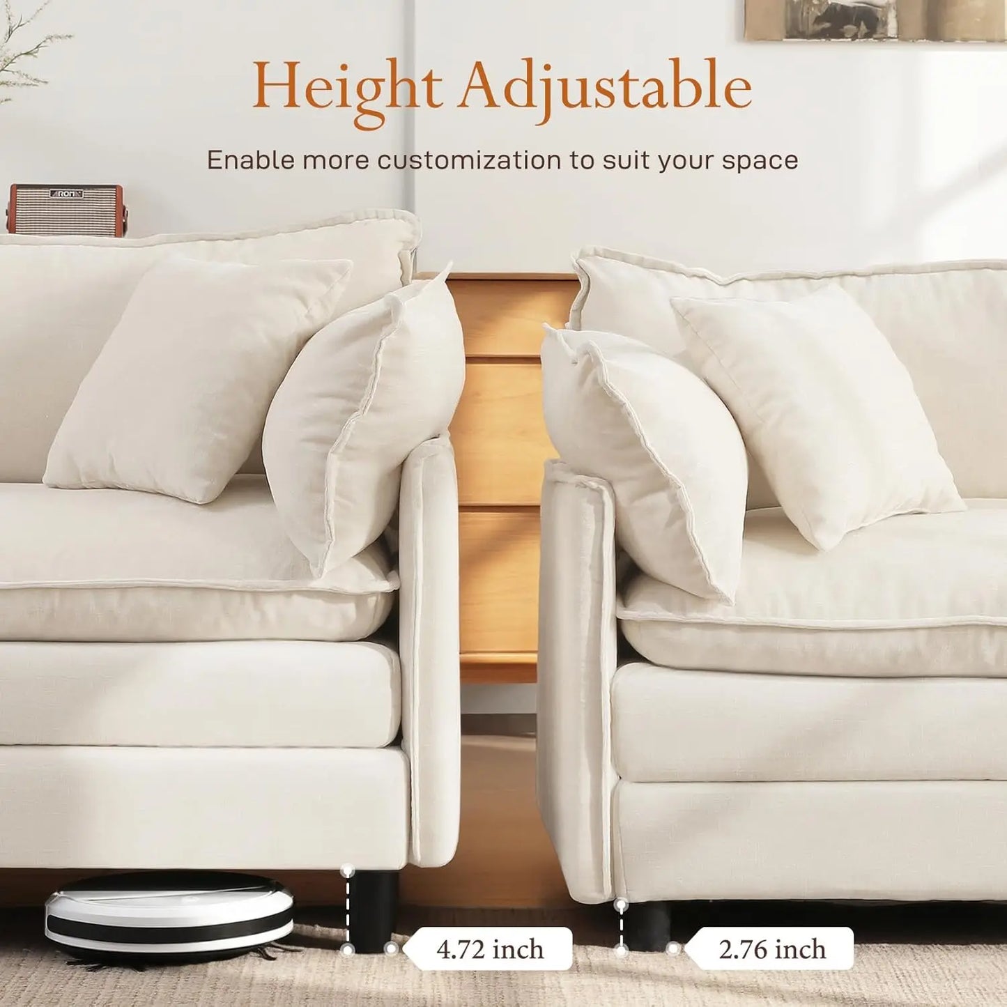108" L-Shaped Chenille Cloud Sectional Sofa, Deep Seat Modular Couch with Movable Ottoman, Customized
