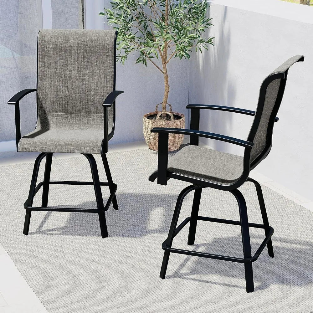 Counter Height Outdoor Swivel Bar Stools Set of 2, Patio Bar Chairs with Arms Backs for Porch Balcony, Poolside, Deck (Coffee,