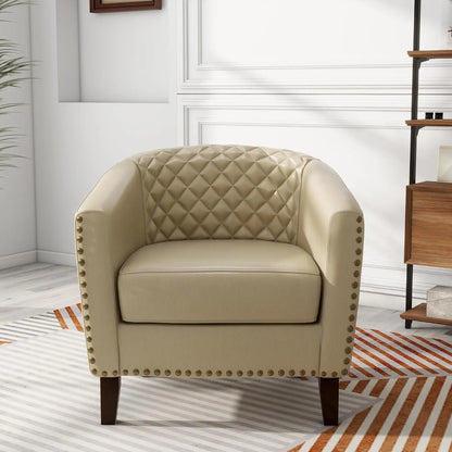 Pia Ricco Faux Leather Barrel Accent Chair, Modern Club Arm Chair Comfy Upholstered Single Sofa Chair with Solid Wood Legs and N