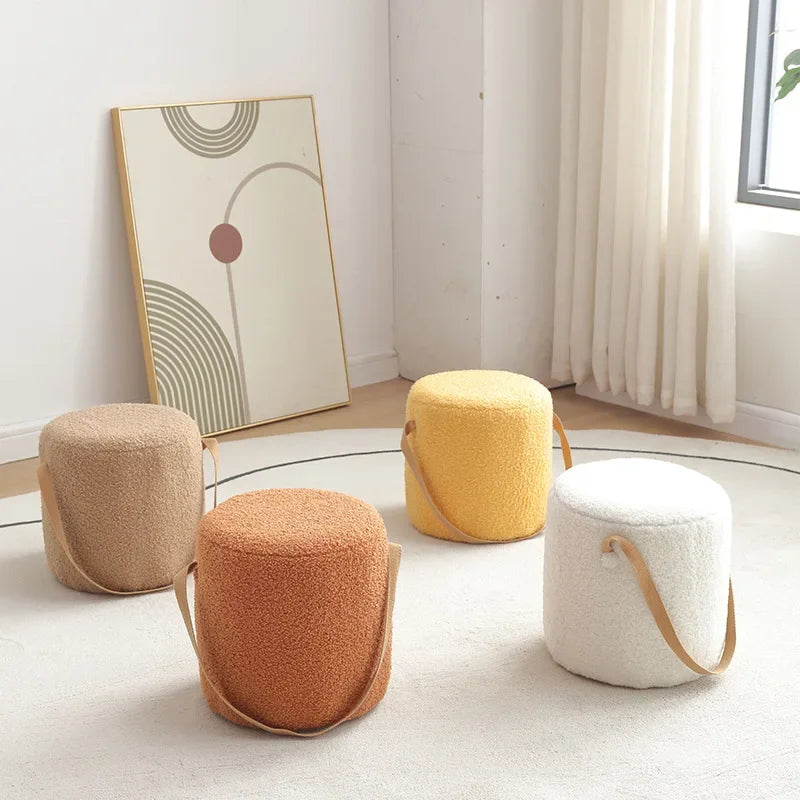 Lamb Velvet Round Stool for Living Room, Multi-Purpose Ottoman for Sofa & Coffee Table, Compact Home Decor Stool