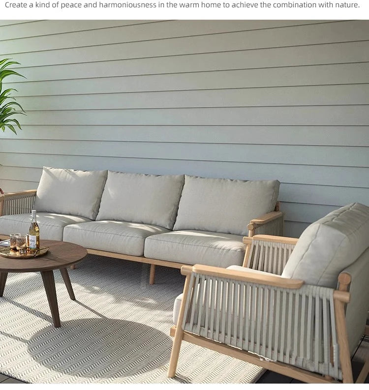 Outdoor Sofa Teak Outdoor Balcony Courtyard Rope Weaving Outdoor Tea Table Combination Garden Solid Wood Furniture