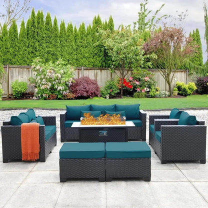 patio furniture set 45 inch outdoor fire pit 7 pieces outdoor furniture set patio sofa outdoor chair , peacock blue