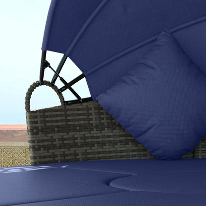 4 Piece Round Rattan Daybed, Convertible Patio Furniture Set, Adjustable Sun Canopy, Sectional Outdoor Sofa, 2 Chairs