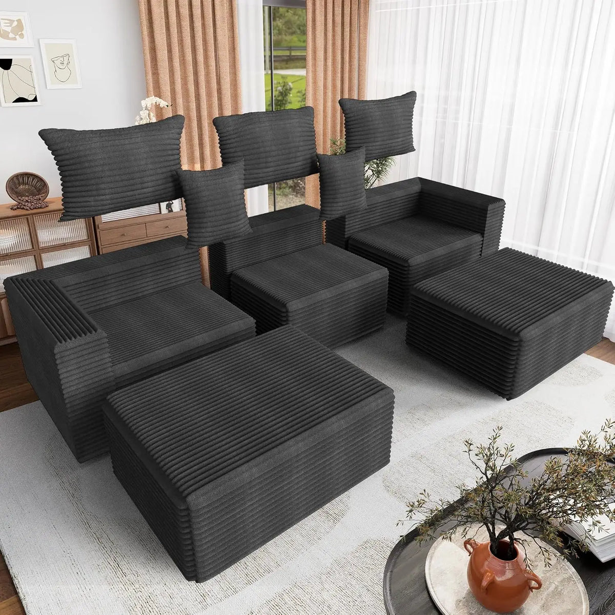 110 Corduroy Modular Sectional Boneless Sofa with 2 Ottomans, Convertible Cloud Couch with Deep Seats, Fluffy Memory Foam U Shap