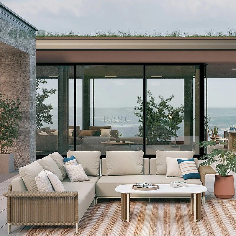 Outdoor Woven Sofa Set Corner Aluminum Backyard Nordic Leisure Hotel Courtyard Rope Weaving Patio Furniture Set Rope Garden Sofa