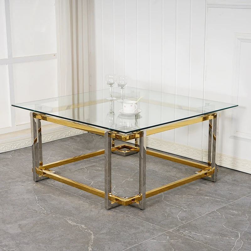 Glass Coffee Table, Modern Glass Table, Gold Rectangular Center Table, Glass Top & Acrylic Legs 2-Tier Storage for Home Living O