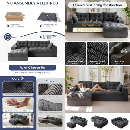104" L Shaped Modular Sectional Sofa with Ottoman, Cloud Boneless Couch with Layered Cushion, Upholstered Sofa in a Box, Flexibl
