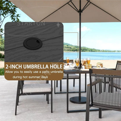 Outdoor Metal Dining Furniture Set with Umbrella Hole, Wood Grain Tabletop,，5-Piece Patio Dining Table and Chair Sets