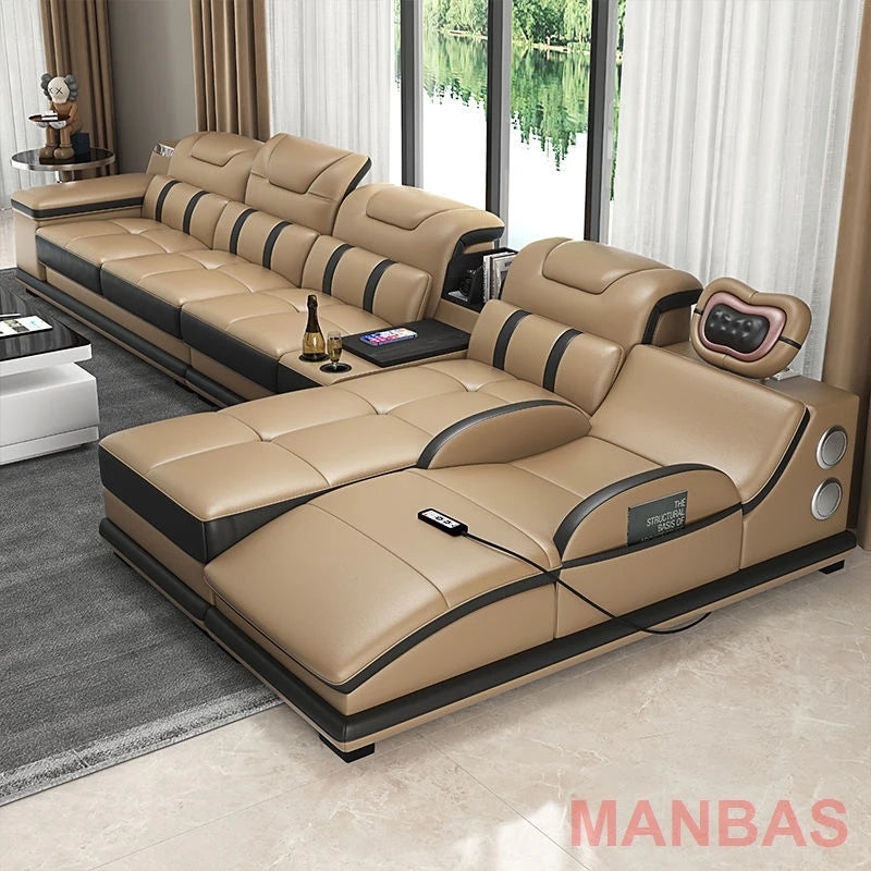 MANBAS Italian Genuine Leather Sectional Sofa with Bluetooth, Speaker, Functional Headrest, Massage Chaise L Shape Corner Sofas