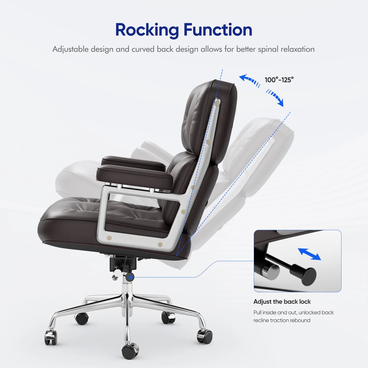 Ergonomic Office Chair Genuine Leather with Aluminum Arms and Wheels for Support Rolling Swivel Business Executive Office Chair