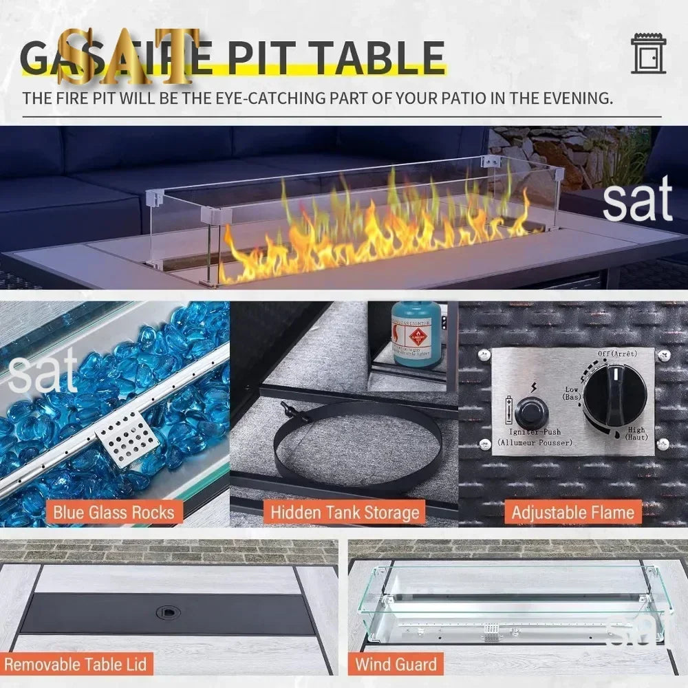 /-Patio Furniture 9 Piec Set with Cushions and 45” Gas fire Pit Table, Outdoor PE Rattan Sectional Conversation Sofa Set