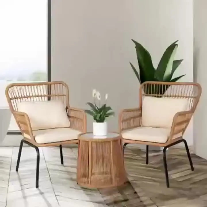 Boho-Inspired 3-Piece Outdoor Patio Set: Wicker Conversation Chairs with Beige Cushions + Round Tempered Glass Side Table — Lightweight, Weather-Resistant Design for Garden, Balcony, Deck or Porch Use