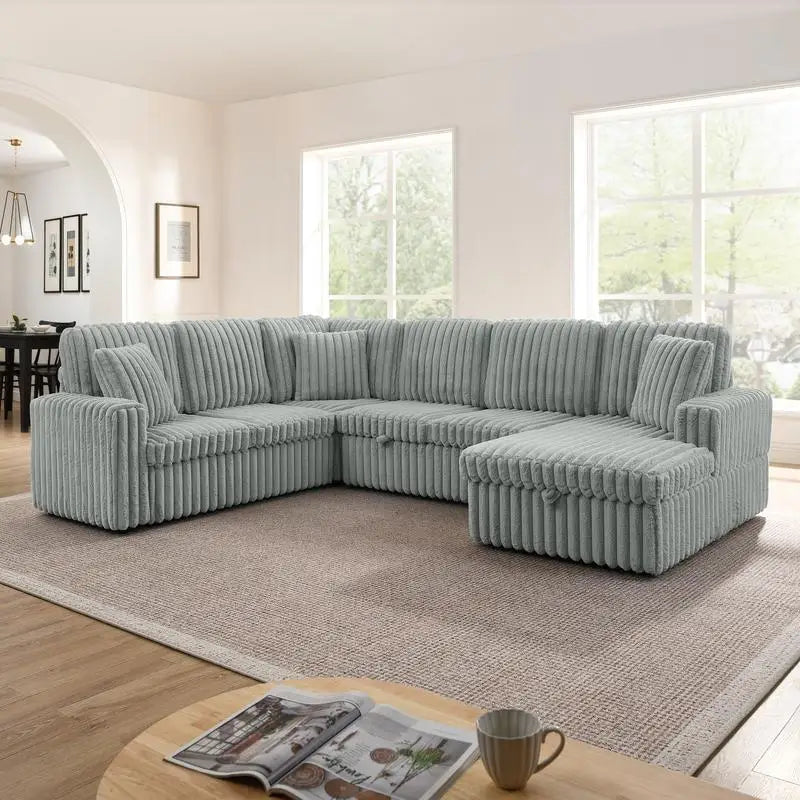 Grey Corduroy Striped Upholstered Sofa, Modern Minimalist U-shaped Sectional Sofa with Pull-out Bed & Storage Chaise, Soft and
