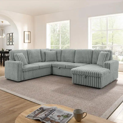 Grey Corduroy Striped Upholstered Sofa, Modern Minimalist U-shaped Sectional Sofa with Pull-out Bed & Storage Chaise, Soft and