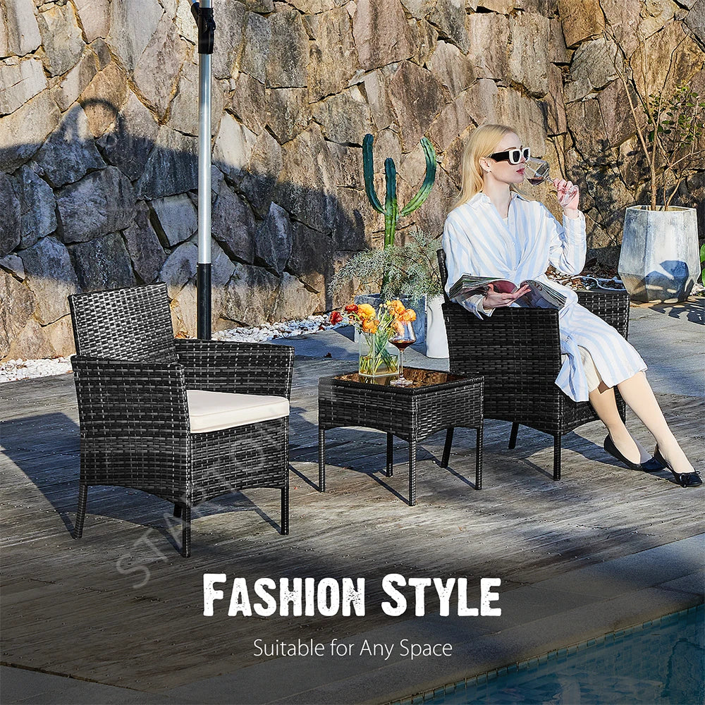 Best-Selling Outdoor Patio Furniture Set 3 Pieces with Soft Cushion and Glass Table Manual Weaving Wicker Rattan Patio Chairs