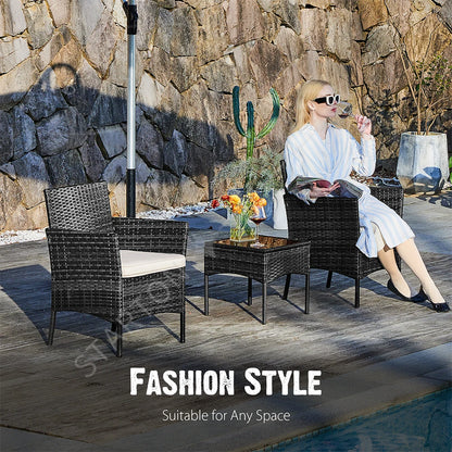 Best-Selling Outdoor Patio Furniture Set 3 Pieces with Soft Cushion and Glass Table Manual Weaving Wicker Rattan Patio Chairs