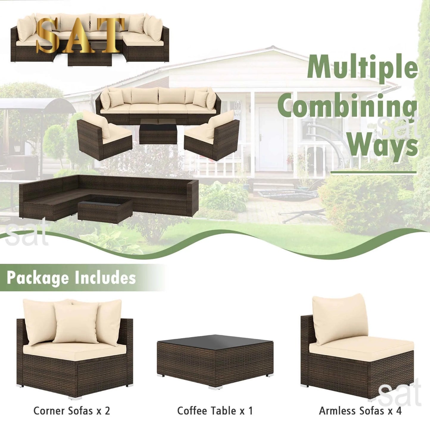 7 PCS Patio Rattan Furniture Set Sectional Sofa Cushioned Garden Brown