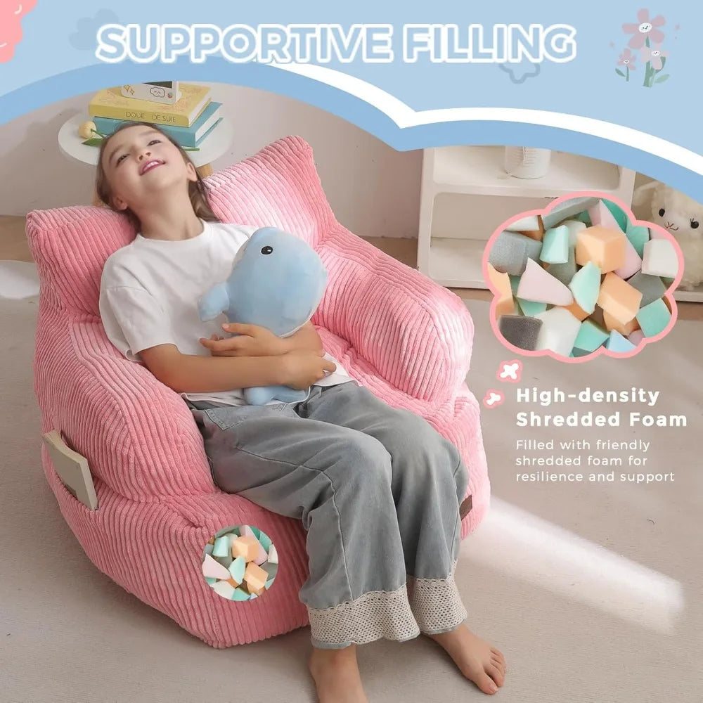 Kids Bean Bag Chair, Toddler Sofa with Foam Filling and Pocket for Gaming Reading Pink