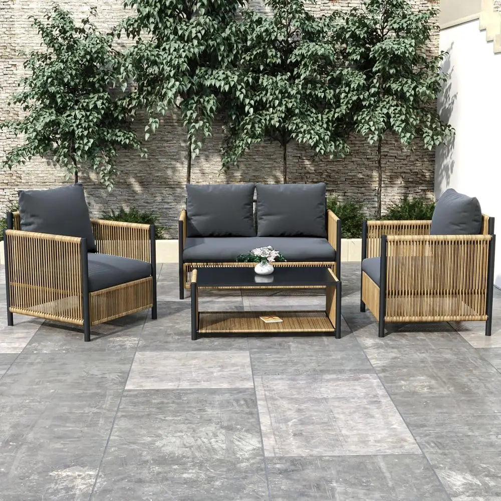 All-Weather Outdoor Wicker Sofa Set with Coffee Table and Cushions, Suitable for Patio, Garden, Backyard, Brown & Grey