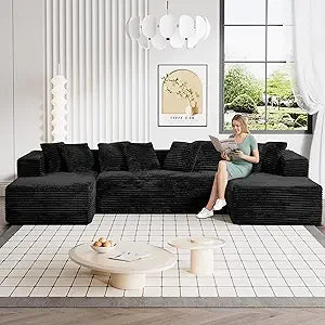 Modular Sectional Sofa in Cloud Design, 131 Black Couches for Living Room, Deep Seated Plush Corduroy Sofa, Modern Comfort