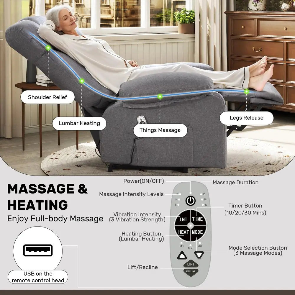 Power Lift Recliner Chair for Elderly, Big and Tall Lift Chair with Massage and Heat for Living Room, Fabric Electric Recliner