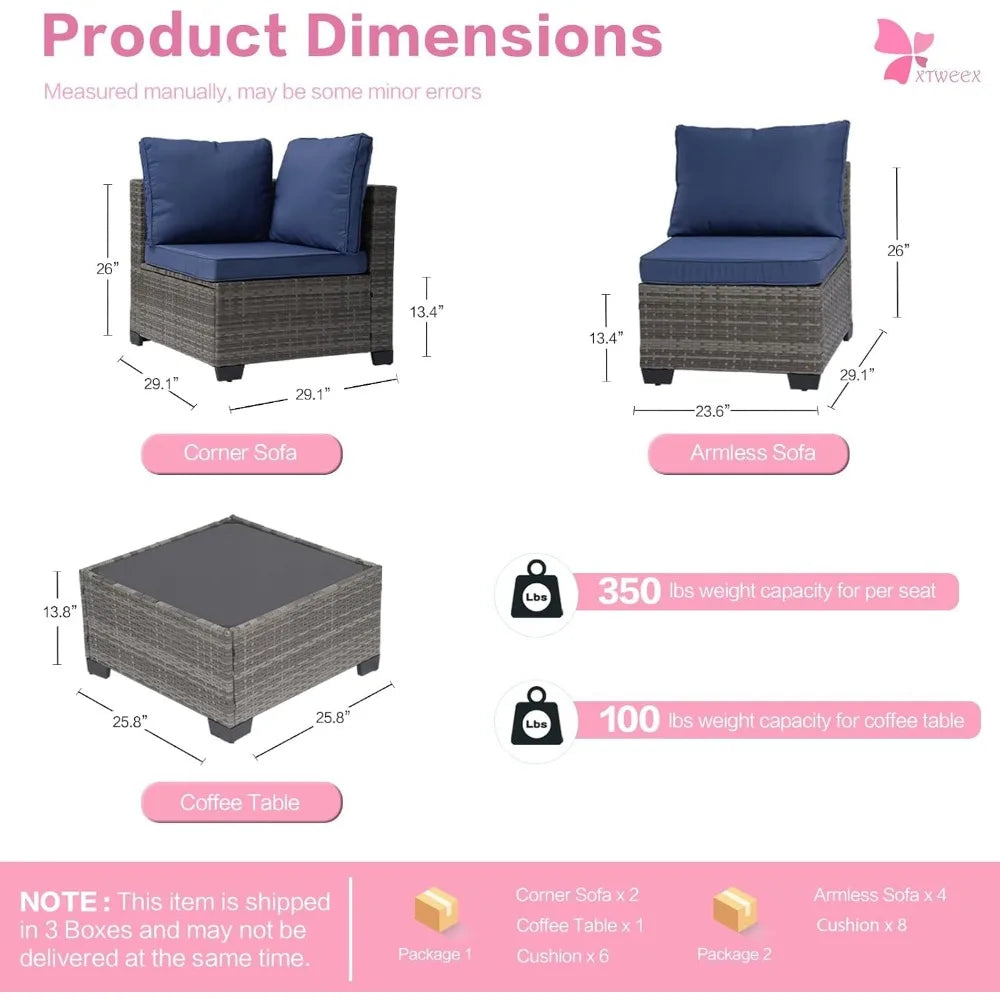 7-Piece Outdoor Rattan Sectional Sofa Set, Wicker Patio Furniture Sets with Navy Blue Cushions for Balcony, Porch, Backyard