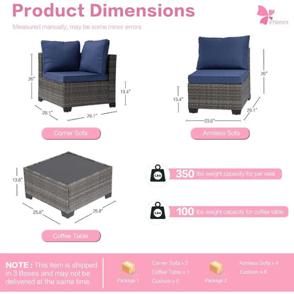 7-Piece Outdoor Rattan Sectional Sofa Set, Wicker Patio Furniture Sets with Navy Blue Cushions for Balcony, Porch, Backyard