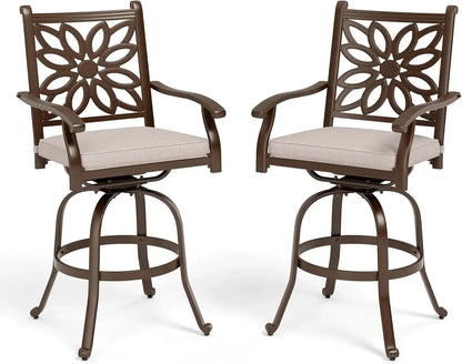 Cast Aluminum Patio Bar Chairs Set of 2, Bar Height Swivel Outdoor Bar Stools Chairs, Counter Height Outdoor Barstools,