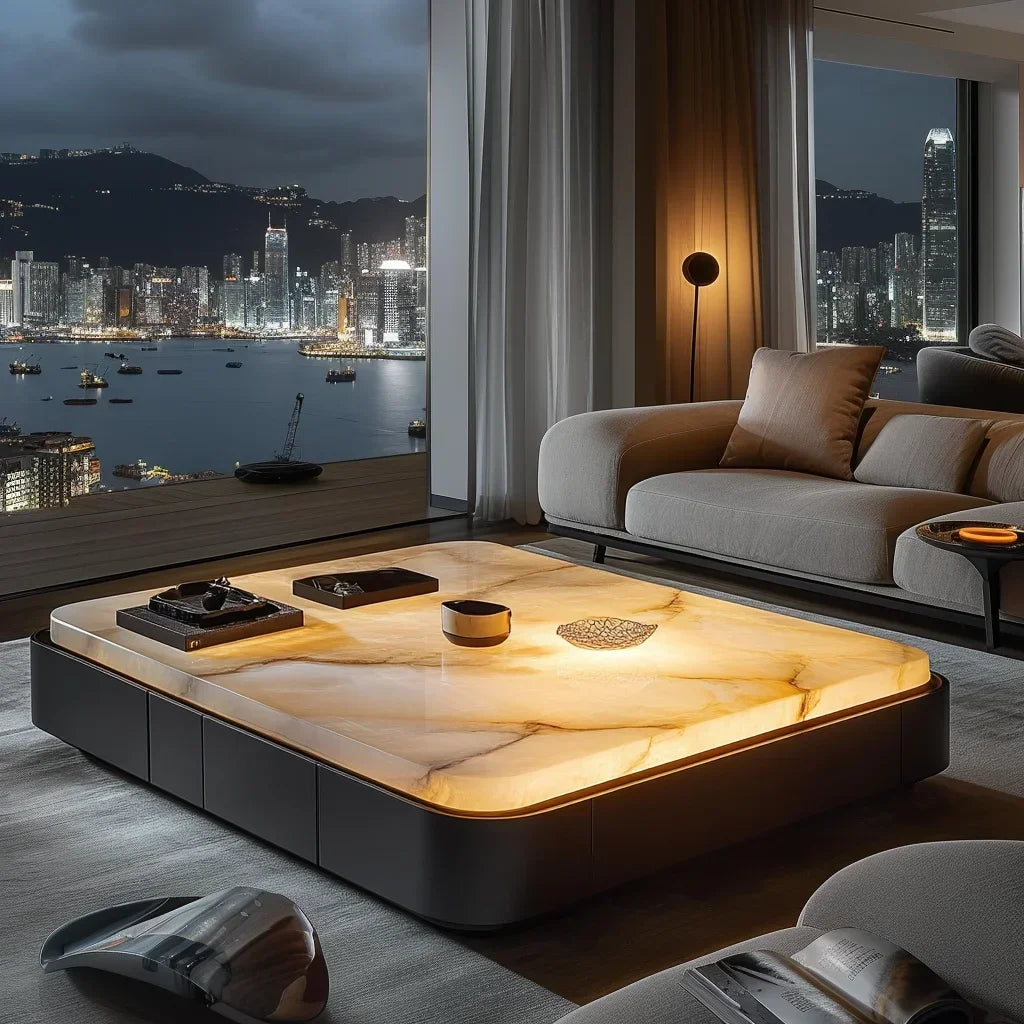 GLuminous jade coffee table, natural marble rectangular luxury stone, high-end light luxury style, living room coffee table