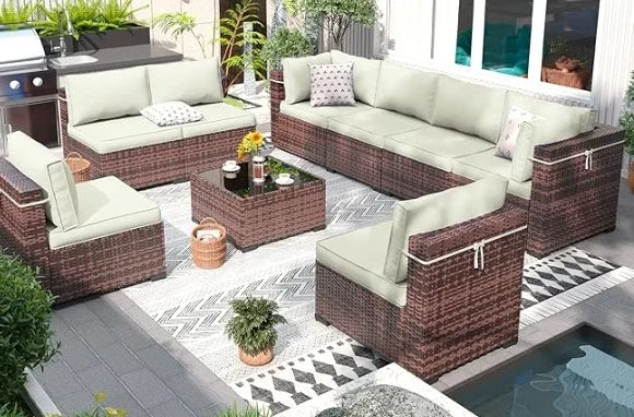 Patio Furniture Set Outdoor Modern Sectional  Wicker Couch with Glass Coffee Table, Thicken Cushions, Waterproof Cover