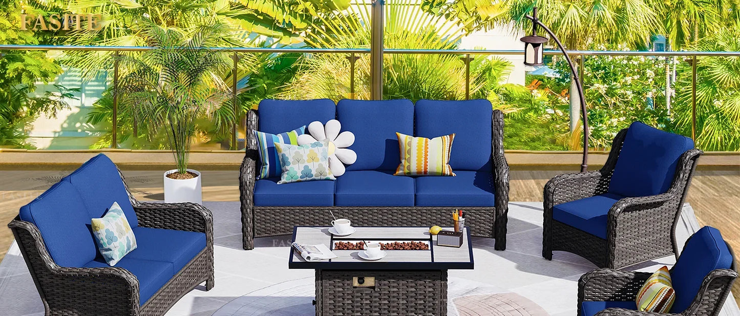 50,000 BTU Rectangular Propane Fire Pit Table 7-Piece High-Back Conversation Sofa and Matching Side Table,Grey Rattan Denim Blue