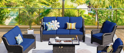 50,000 BTU Rectangular Propane Fire Pit Table 7-Piece High-Back Conversation Sofa and Matching Side Table,Grey Rattan Denim Blue