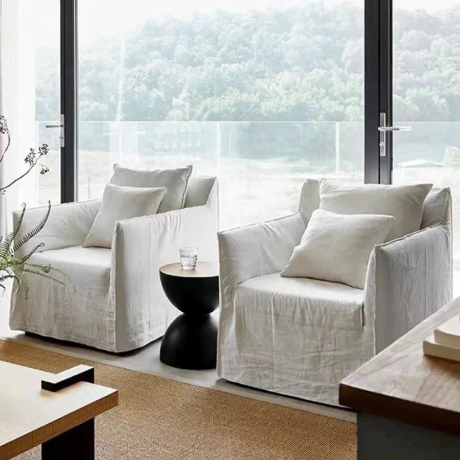 North American wabi style Japanese style white cream linen cotton and linen designer living room B & B straight