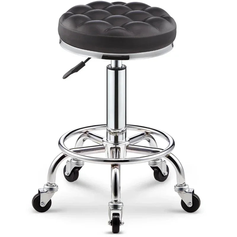 Black PU Leather Rolling Stool Round Swivel Stool with Wheels Height-Adjustable Seat for Salon Tattoo or Office Use