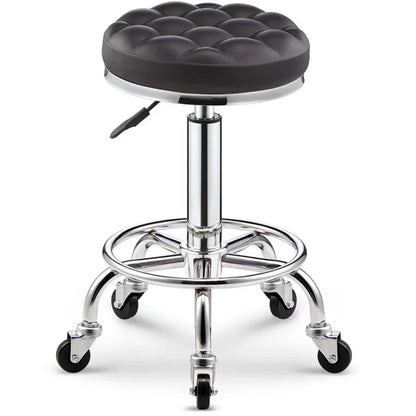 Black PU Leather Rolling Stool Round Swivel Stool with Wheels Height-Adjustable Seat for Salon Tattoo or Office Use