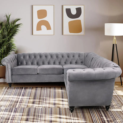 L-Shaped Sofa, Sectional Chesterfield Couch 5-Seater Velvet Upholstered Small Accent Tufted Sofa with Rolled, Customized