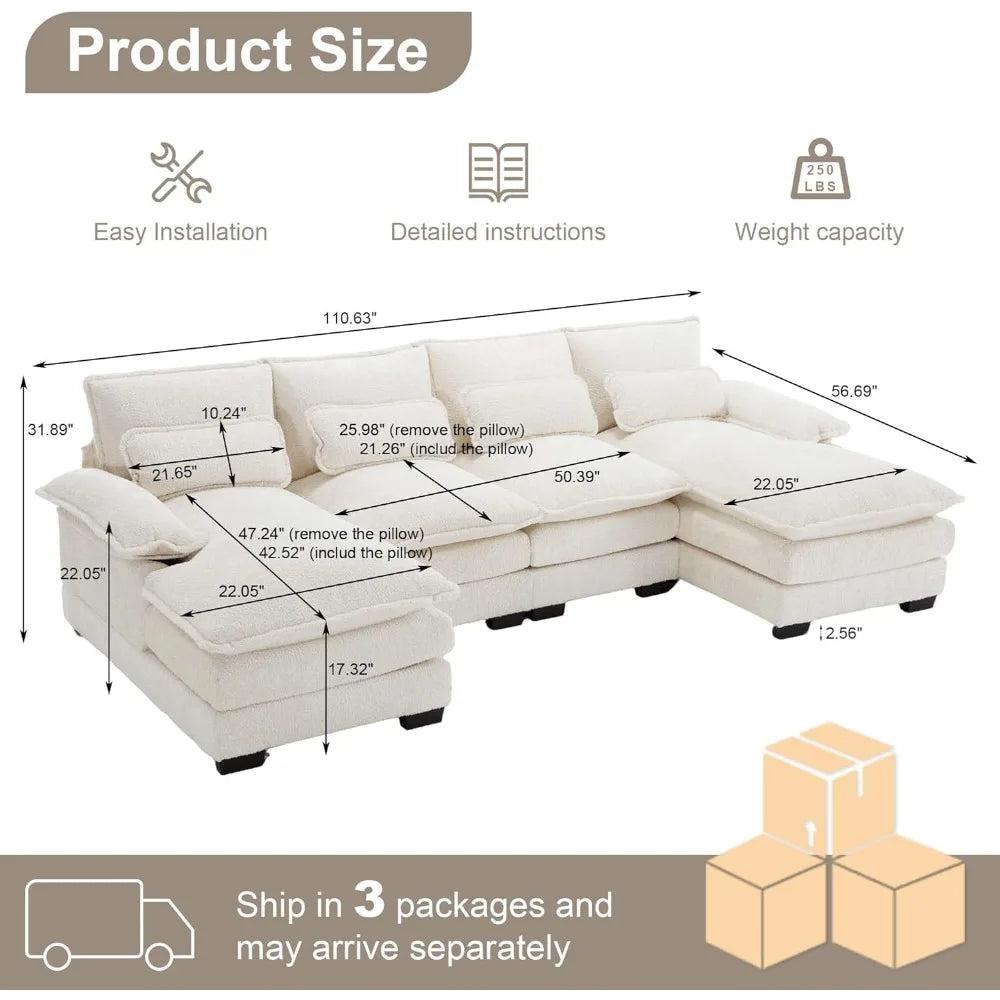 "110 inch chenille fabric u-shaped sectional sofa with double chaise and sleeper for comfortable living room seating"