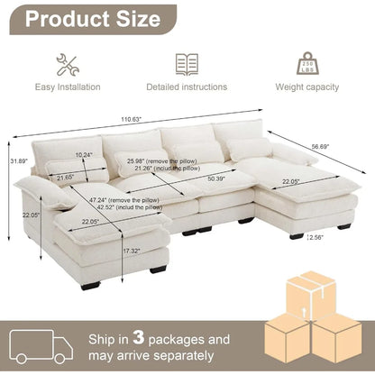 "110 inch chenille fabric u-shaped sectional sofa with double chaise and sleeper for comfortable living room seating"