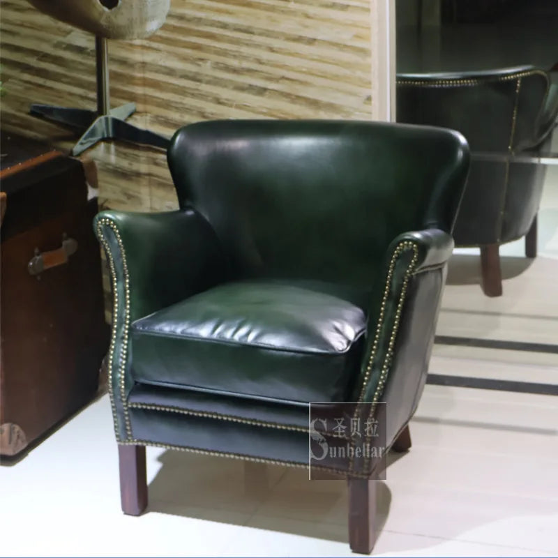 Antique green leather sofa chair top layer cowhide living room bedroom clubhouse club