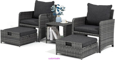 Wicker Patio Furniture Set, Balcony Furniture with Ottoman & Side Table for Lawn Pool Garden (Grey&Grey Rattan)